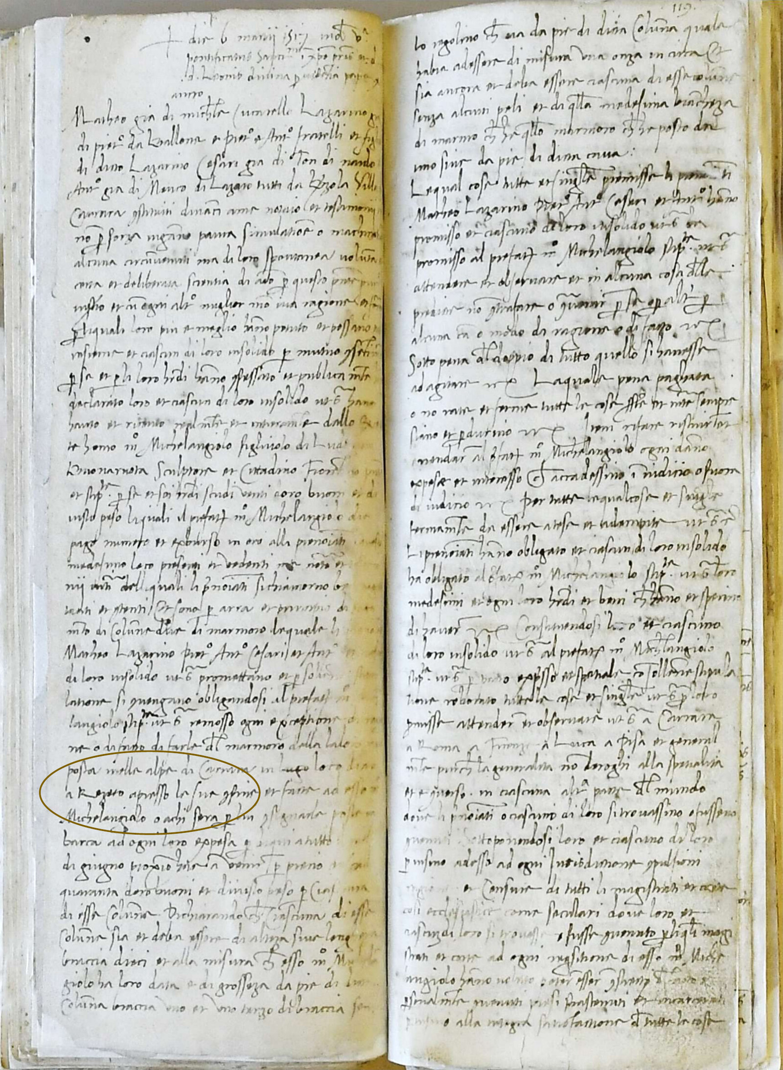 Contratto d'acquisto originale di Michelangelo, Carrara, 6 marzo 1517, con la clausola sulla bianchezza del marmo cerchiata a mano